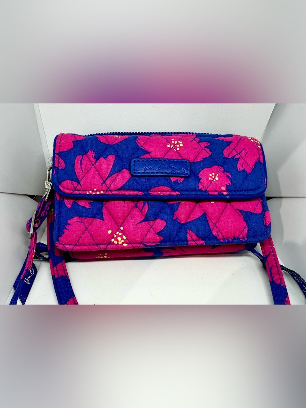 Vera Bradley All-In-One Crossbody Wristlet Wallet Art Poppies Pink Blue NWOT